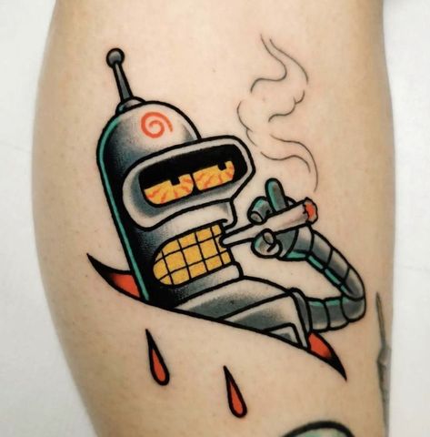 Old School Cartoon Tattoo, Bender Tattoo Futurama, Futurama Tattoo Ideas, 90s Cartoon Tattoo Designs, Bender Tattoo, Futurama Tattoo, Bender Futurama, Futurama Bender, Glow Tattoo