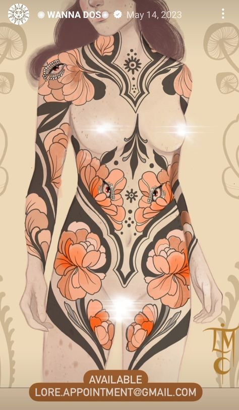 Art Nouveau Floral Tattoo, Blast Over Tattoo, Sigil Tattoo, Art Nouveau Flowers, Ornamental Tattoo, Full Body Tattoo, Body Suit Tattoo, Tattoo Design Book, Side Tattoos