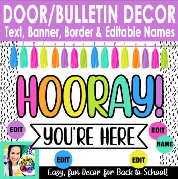 Back To School Hallway Display, Yay You're Here Sign, Kindergarten Door Decorations Welcome, Yay You're Here Bulletin Board, Hooray You're Here Bulletin Board, Classroom Doors Back To School, 5th Grade Door Decorations, Welcome To School Bulletin Boards, Welcome To Kindergarten Bulletin Boards