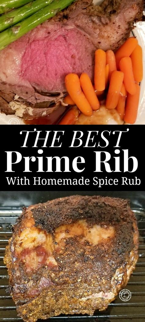 Best Prime Rib Roast Recipe + a homemade spice rub. Slow Cooker Prime Rib, Boneless Prime Rib Recipe, Recipe Collage, Best Prime Rib Recipe, Boneless Prime Rib Roast, Prime Rib Seasoning, Potluck Meals, Prime Rib Au Jus, Best Prime Rib