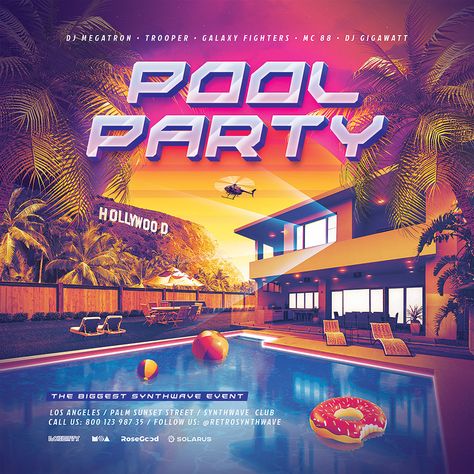 80s Pool Party, 80s Pool, Pool Party Flyer, Party Design Poster, Pool Parties Flyer, Pool Party Food, Diy Graphic Design, Design Illustration Art, Pool Party Invitations