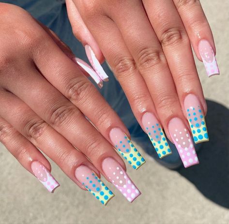 French Tips With Blue, Pink French Tips, Polka Dot Nail Designs, Dot Nail Designs, Long Square Nails, Magic Nails, Drip Nails, Polka Dot Nails, Pink French