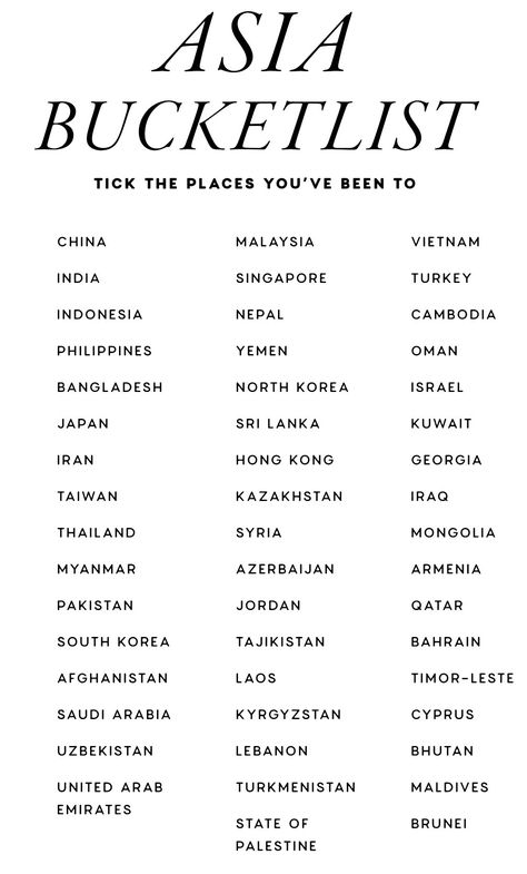 World Travel List, World Tour Bucket List, List Of Countries In The World, Asia Bucket List, World Bucket List, Travel Infographic, Holiday Travel Destinations, Top Places To Travel, Travel Bucket List Usa