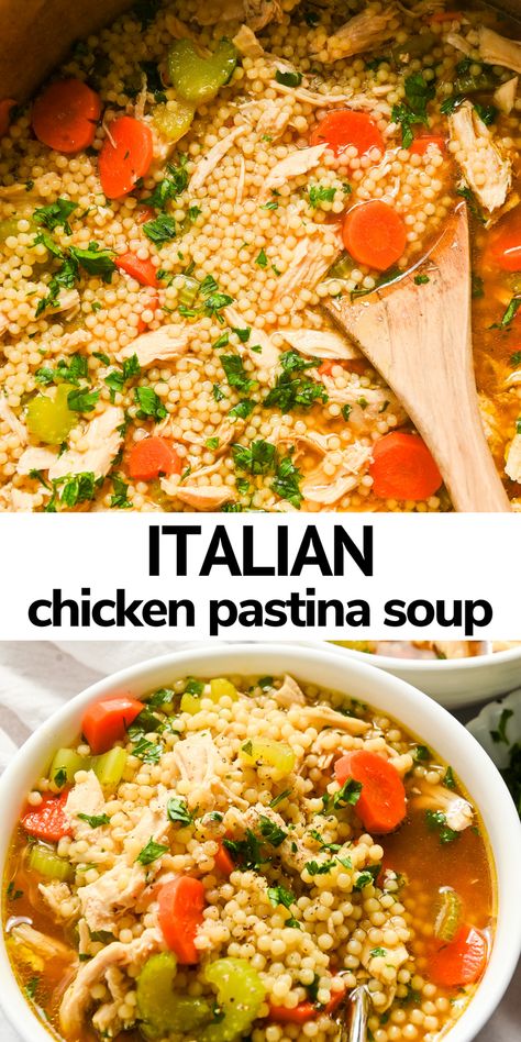 Chicken pastina soup is a cozy and comforting soup recipe that is perfect for chilly winter days! Tender chicken, little pasta, fresh herbs, and vegetables create this perfect meal. Make this easy soup recipe in just about 30 minutes! Soups With Chicken And Pasta, Pastina Salad Recipes, Italian Chicken Pastina Soup, Pastina Chicken Soup, Healthy Cozy Dinner Recipes, Pasting Soup, Pastina Soup Recipes, Chicken Pastina Soup Recipe, Chicken Pastina Soup