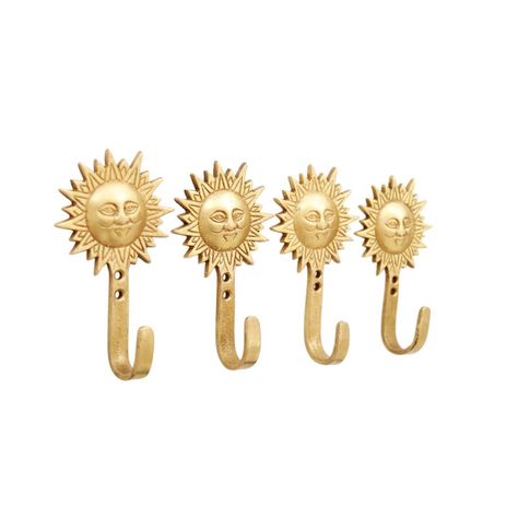 A set of four bohemian sun brass wall hooks. Each is topped with a sunburst with lines framing the rays and detailing a face in a content expression. Dimensions per hook.   We have more hooks available. Please take a look at our other items. Brass Wall Hooks, Bohemian Sun, Shelving Brackets, Brass Wall Hook, Future Apartment Decor, Witchy Decor, Dream Room Inspiration, Sun And Stars, Home Good