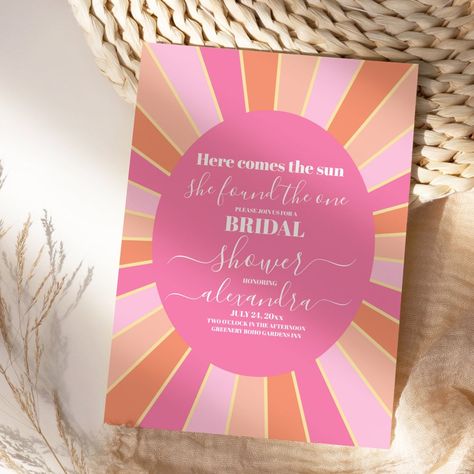 Sunshine Invitations pink retro here comes the sun bridal shower  invitation retro sun bridal shower she found the one unique modern 70s 60s vintage boho bohemian ray of sun sunshine sun beams whimsical Here Comes The Sun She Found The One, Sunset Bridal Shower Ideas, Here Comes The Sun Bridal Shower Theme, Cheerful Typography, Unique Bridal Shower Themes, Bach Bash, Photo Guest Book Wedding, Bridal Shower Planning, Bachelorette Themes