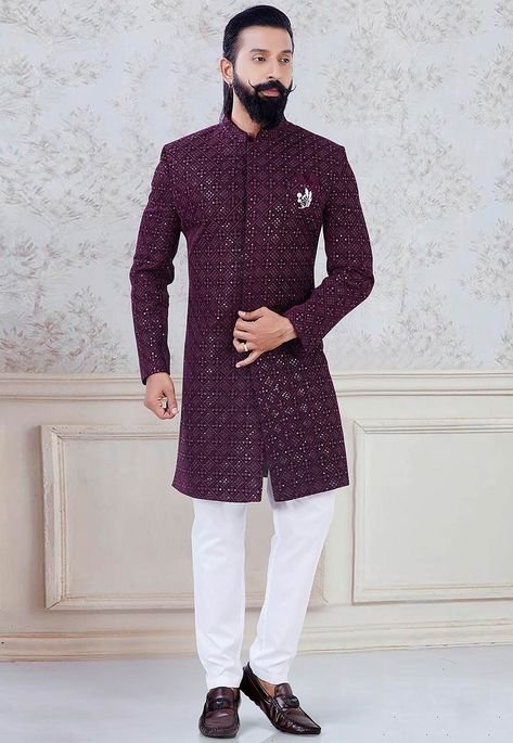 Indo Western Outfits Wedding, Indowestern Outfits For Men, Velvet Sherwani, Indo Western Outfits For Men, Engagement Dress For Groom, Indo Western Dress For Men, Indo Western For Men, Indian Wedding Clothes For Men, Mens Indian Wear