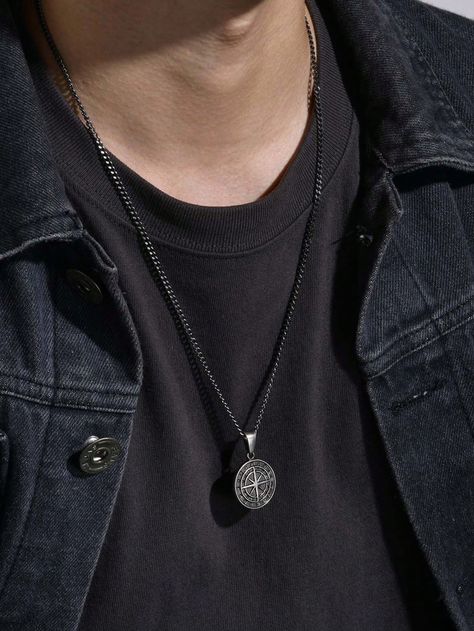 Gun Black  Collar  Stainless Steel   Embellished   Men's Fashion Jewelry Long Necklace Men, Grunge Jewelry Men, Male Jewelry Aesthetic, Guys Jewelry, Guy Jewelry, Grunge Necklace, Mens Necklace Pendant, Necklaces For Men, Grunge Jewelry