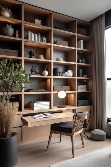 Japandi style home office Scandi Home Office, Japandi Home Office, Japandi Interiors, Small Office Design, Japandi Home, Small Home Offices, Office Designs, Home Library Design, Japanese Zen