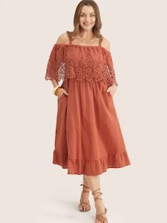 Solid Cold Shoulder Contrast Lace Pocket Ruffle Hem Dress Aesthetic Plus Size Outfits, Plus Size Outfits Aesthetic, Summer Clearance Sale, Plus Size Fall Outfit, Lace Pocket, Summer Clearance, Drawstring Dresses, Maxi Dress Sale, Online Clothing Store