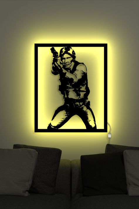 Han Solo Led Sign Starwars Wall Art Laser Engraved Neon Light Up Decor Light Up Lights Laser Cut Cnc Neon Harrison Ford Wood Gift Hanging Laser Engraving Wall Decor, Star Wars Wall Decor, Up Lights, Star Wars Wall Art, Led Wall Decor, Star Wars Birthday, Han Solo, Harrison Ford, Led Sign