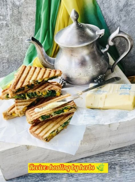 Palak corn sandwiches & ginger tea Ginger Tea, Corn, Ginger, Sandwiches, Herbs, Healing, Tea