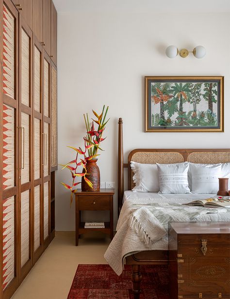 From designer to dweller: Gayathri Padmam of Aanai Design Studio crafts her Kathakali-inspired Bengaluru home Indian Bedroom Design, Indian Interior Design, Indian Bedroom Decor, Indian Bedroom, India Home Decor, Indian Interiors, Indian Home Interior, Flat Interior, Traditional Bedroom