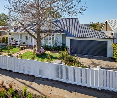 COLORBOND® steel roof in the colour Basalt® Matt in a Snaplock profile in a 290mm pan width with a 38mm rib height #COLORBONDsteel #COLORBONDsteelMatt #BasaltMatt Basalt Colorbond Roof, Basalt Roof Colour Scheme, Basalt Colorbond, White Picket Fence House, Colorbond Roof, Neutral Interior Design, Coastal Exterior, Roof Ideas, Country Interior Design