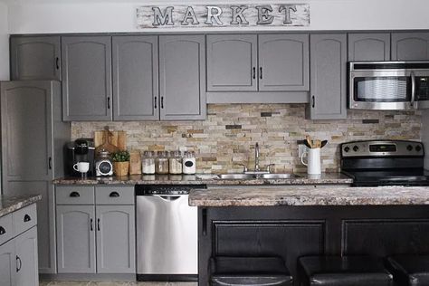 15 Farmhouse Furniture Makeover Ideas Thrift Store Flips DIY | Hometalk Repainting Kitchen Table, Budget Flooring, Kitchen Grey, Plywood Cabinets, Paint Kitchen, Stone Backsplash, Market Sign, Gray Cabinets, Filing Cabinets