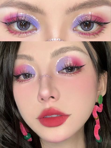 Eyeshadow Color Combinations Ideas, Lover Inspired Makeup, Purple Douyin Makeup Looks, Purple And Pink Makeup, Pink And Purple Eye Makeup, Pink And Blue Makeup, Pink And Purple Makeup, Pink And Purple Douyin Makeup, Purple Eye Makeup Douyin