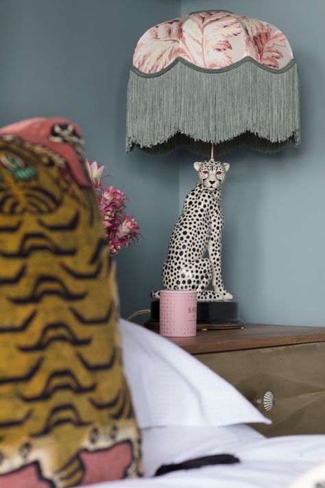 House of Hackney pluma tilia lampshade and Saber tiger pink velvet cushion in The Pink House bedroom House Of Hackney Lampshade, House Of Hackney Bedroom, Big Pink House, Tiger Lamp, House Headboard, Tiger Bedroom, Patterned Bedroom, Lampshade Bedroom, Estilo Kitsch