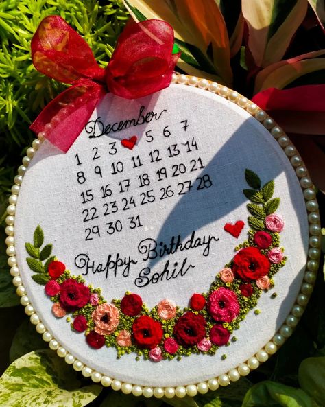 HAND EMBROIDERY BIRTHDAY CALENDAR ♾️🦋💌✨ swipe ➡️ to see full work details . SURPRISE YOUR LOVED ONES WITH THIS CUSTOMISE EMBROIDERY HOOP.... 🌷 . . Hoop dimension - 7 inches . DM for orders & queries 💌 @__ruchi_art_house__ . Follow for more artwork 🩷👆 . . #embroidery #handmade #embroideryart #art #smallbiz #design #custom #fiberart #hats #handembroidery #love #etsy #screenprint #embroidered #smallbusiness #artwork #birthday #modernembroidery #apparel #dmembroidery #instagood Calendar Embroidery, Birthday Calendar, Art House, December 7, Modern Embroidery, Embroidery Hoop, Embroidery Art, Follow For More, 9 And 10