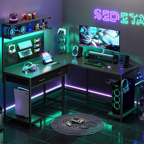 L Shaped Gaming Desk, Two Person Desk, Desk With Led Lights, Convertible Desk, Gaming Computer Desk, Desk With Hutch, Particle Wood, Shape Games, Gaming Table