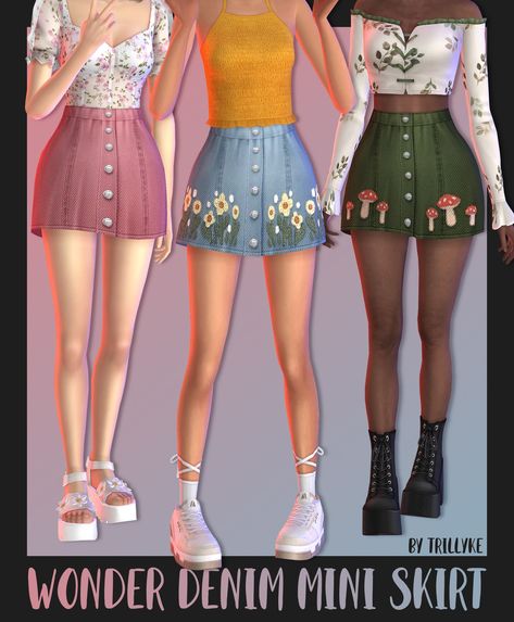 Sims 4 Flower Accessories, Denim Mini Skirts, Ts4 Clothes, Cc Clothing, Sims 4 Challenges, Cottagecore Clothes, Sims 4 Mm Cc, Sims 4 Cc Folder, Casas The Sims 4