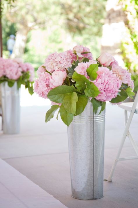 Tin Buckets, Fabric Flower Bouquet, Pink Hydrangeas, Galvanized Tub, Country Garden Weddings, May Weddings, Pink Hydrangea, Plan My Wedding, Pink Garden