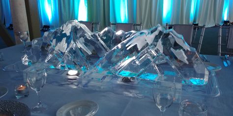 With one of these mountain ranges in each table, it was a stunning event up at the Roundhouse Lodge at the top of Whistler Blackcomb. A stunning venue, with stunning decor. @whistlerblackcomb #roundhouse #mountaintop #mountains #centrepiece #centrepieces #roundhousewhistler #gala #galadecor #icedecor #vancouver #ice #icesculpture #sculpture #vancity #crystalclear #crystalclearice #clearice #smallbusiness #bc #customcut #custom #bespoke #bespokeice #icecarver #icecarving Ice Sculpture Centerpiece, Ice Decor, Centrepiece Ideas, Gala Decorations, Ice Globes, Ice Carving, Whistler Blackcomb, Battery Operated Led Lights, Clear Ice