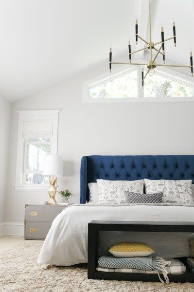 Crushed Ice by Sherwin Williams Crushed Ice Sherwin Williams, Blue Ceiling Bedroom, Sherwin Williams Crushed Ice, Feng Shui Bedroom Ideas, White Tufted Bed, Light Blue Room, Bedroom Ideas Luxury, Feeling Words, Kitchen Paint Color