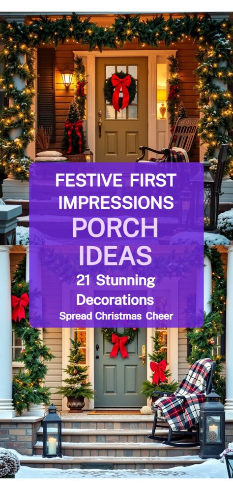 Christmas Front Porch Decorations Christmas Front Porch Decorations, Front Porch Decorations, Porch Decorations, Green Garland, Christmas Front Porch, Cozy Seating, Festive Wreath, Merry Christmas Sign, Front Porch Decorating