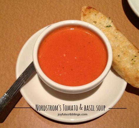 Nordstrom's Well Loved Tomato Soup Recipe-joyfulscribblings.com    Nordstrom's Cafe is one of my favorite places to eat lunch.  If you have one in your area and have never eaten there, trust m Nordstrom Tomato Basil Soup Recipe, Vegan Subs, Nordstrom Cafe, Homemade Broth, Creamy Tomato Basil Soup, Soups Stews Chilis, Basil Soup, Tomato Basil Soup, Lunch Recipe