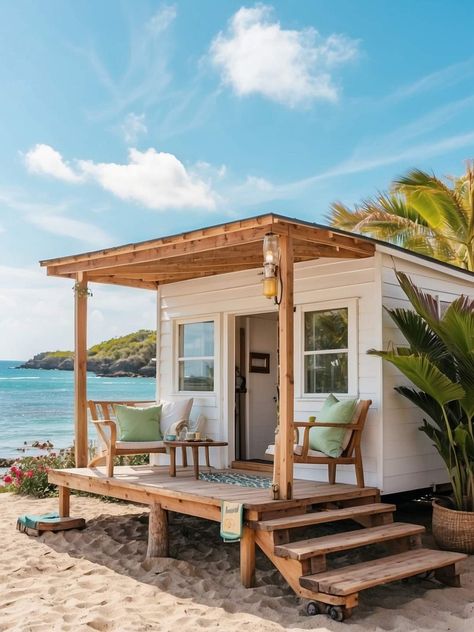 Mini Beach House Tiny Homes, Beach Small House, Small Mexican House Exterior, Hut House Design, Tiny House Beach, Cheap Beach House, Mexican House Exterior, Beach Shack Exterior, Small Eco House