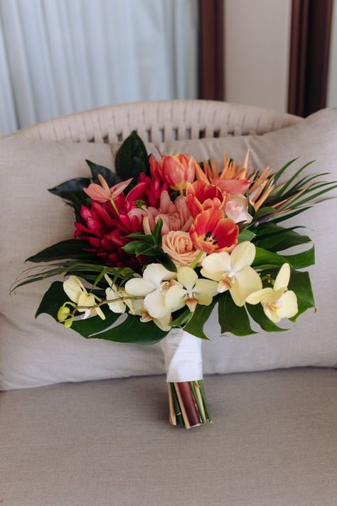 Island Floral Arrangement, Hawaii Bouquet Wedding, Tropical Flower Wedding Arch, Beach Wedding Flower Arrangements, Tropical Wedding Mood Board, Caribbean Elopement, Orange Tropical Flowers, 2026 Wedding, Tropical Bridal Bouquet