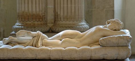 "Sleeping Hermaphroditos" Roman copy (2nd Century AD). Mattress by Gianlorenzo Bernini (1619). Mesmerizingly supple-looking, this sculpture is a life size copy of a bronze Hellenistic sculpture. In the 17 brilliant artist Bernini made the cushion so realistic that people are tempted to test its firmness. What is special about this beautiful woman? Click to the next slide or investigate in person." Bernini Sculpture, Gian Lorenzo Bernini, Italian Sculptors, Cupid And Psyche, Roman Sculpture, French History, Museums In Paris, Louvre Museum, Marble Sculpture