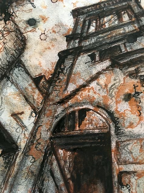 Derelict spaces - The Locarno Building Swindon. Mixed media drawing by L Waddell L Waddell, Buildings Gcse Art, Aged Gcse Art, Decay Art Gcse Sketchbook Ideas, Abandoned Buildings Art, Mixed Media Architecture Art, Gcse Art Aged Theme, A Level Art Final Piece Architecture, Aged Buildings Art