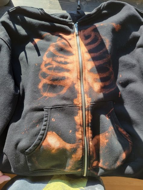 #skeleton #grunge #emo #bleach #diy #aesthetic #loner #hoodie #zip-up #skeletonhoodie #diy skeletonhoodie #grungeskeletonhoodie Bleach Tie Dye Skeleton, Skeleton Sweater Zip Up, Grunge Bleached Hoodie, Bleached Hoodie Diy Ideas, Bleach Designs On Shirts Grunge, Bleach Zip Up Hoodie, Grunge Hoodie Outfit, Skeleton Hoodie Aesthetic, Bleach Diy Shirt Ideas