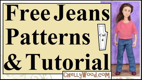 Free Jeans Pattern and Tutorial for 1:12 Scale Dolls Like Breyer Classic Riders @ ChellyWood.com #myhorses #horsegirl 1/12 Scale Doll Clothes Patterns Free, 1/12 Scale Doll Clothes Patterns, Doll Clothes Diy, Dollhouse Doll Clothes, Clay Creatures, T Shirt Tutorial, Jeans Pattern, Free Printable Sewing Patterns, Dollhouse Clothes