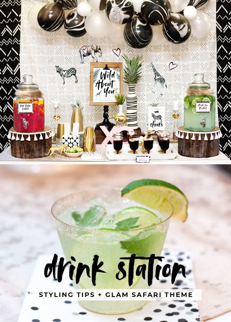 How to Style a Creative Drink Station + "Wild About You" Glam Safari Theme // Hostess with the Mostess® Safari Theme Alcohol Drinks, Safari Alcoholic Drinks, Jungle Theme Bridal Shower Ideas, Safari Party Drinks, Safari Cocktail Drinks, Wild One Drink Ideas, Safari Themed Drinks, Safari Themed Cocktails, Jungle Theme Drinks