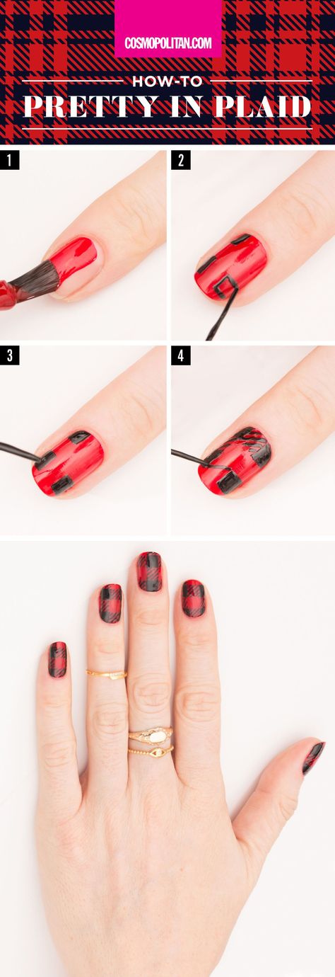 PRETTY IN PLAID HOLIDAY NAIL ART: DIY this festive holiday manicure with red and black polish, and this easy holiday nail art tutorial. Click through for the easy, step-by-step instructions. You'll also find 4 more fun holiday nail art ideas that you can pull off in minutes! Holiday Nails Easy, Nailart Tutorial, Unghie Nail Art, Plaid Nails, Holiday Nail, Holiday Nail Art, Nail Swag, Trendy Nail Art, Diy Nail Art