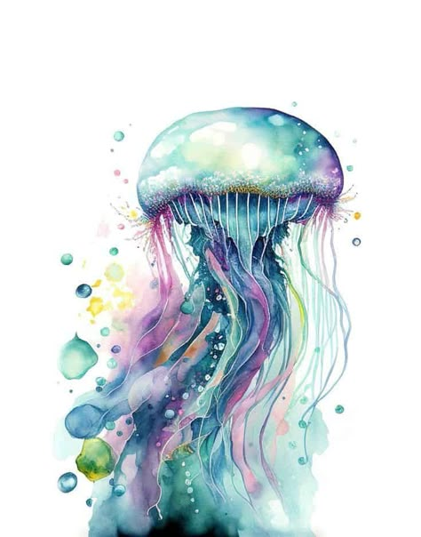 Jellyfish watercolor art Water Colour Jelly Fish, Art Inspiration Painting Abstract, Water Coloring Art, Water Coloring Painting, Painted Jellyfish, Jellyfish Watercolor Painting, Jellyfish Artwork, Watercolour Painting Ideas, Ocean Watercolor Painting