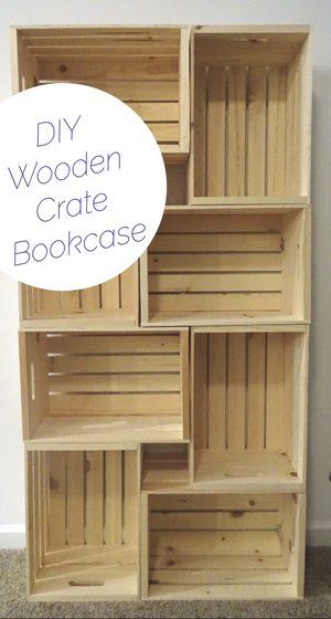 Crate Bookshelf Diy, Wood Crate Bookshelf, Unfinished Wood Crates, Crate Bookcase, Bookshelf Diy, Diy Wooden Crate, Crate Bookshelf, Diy Crate, Wooden Shelf