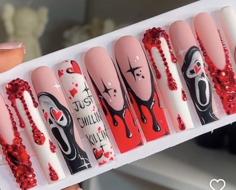 Nail Art Horror, Nail Designs For October, Slasher Movie Nails, Spooky Halloween Nails Acrylic Long, Ghostface Nail Designs, It Halloween Nails, Halloween Nail Designs Chucky, Horror Nails Chucky, Ghost Face Nails Acrylic