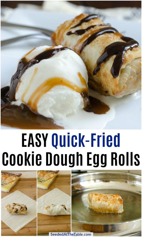 Deserts Using Eggroll Wrappers, Sweet Egg Roll Recipes, Recipes Using Egg Roll Wraps, Egg Roll Party Display, Egg Roll Wrapper Desserts, Cookie Dough Egg Rolls, Desserts With Egg Roll Wrappers, Dessert Eggroll Recipe, Egg Roll Desserts