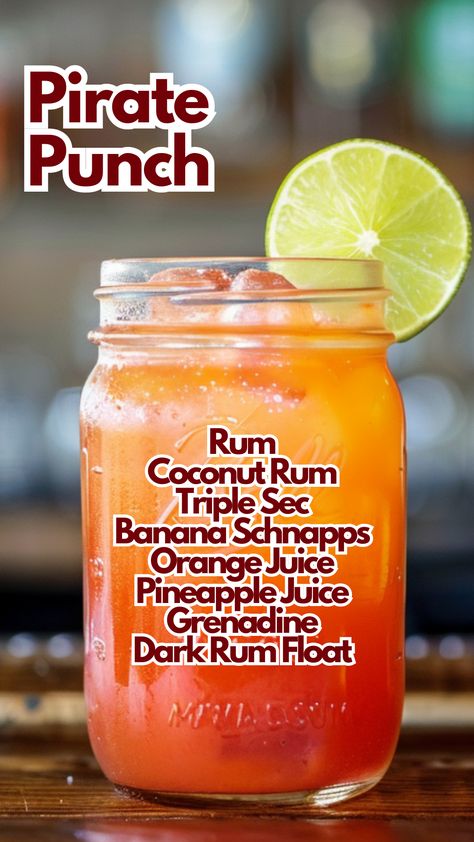 Pirate Punch Tavern Drinks, Pirate Punch, Summer Punch Recipes, Orange Juice Cocktails, Cocktail Cards, Rum Drinks Recipes, Coconut Cocktail, Juice Cocktails, Summer Punch