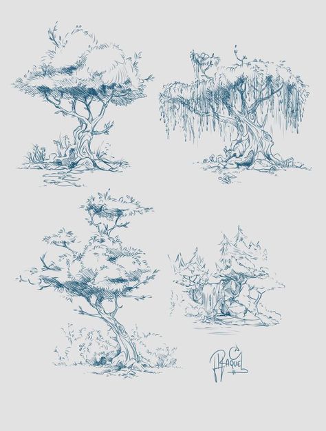 Some concept art of trees. Drawings Of Trees, Landscape Design Drawings, Conceptual Drawing, Tree Drawings Pencil, Tree Sketches, Landscape Sketch, Art Drawings Sketches Pencil, Nature Drawing, Arte Sketchbook