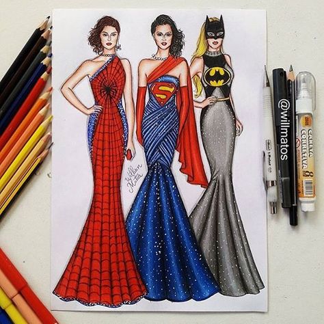 Who's your FAVE Superhero?!✨ Follow us here: @just_arts_help  . By @willmatos Inspired Drawings, Social Media Art, Fashion Illustration Sketches Dresses, Three Women, Sketches Dresses, Fashion Illustration Dresses, Drawing Stuff, Fashion Illustration Sketches, Dress Drawing