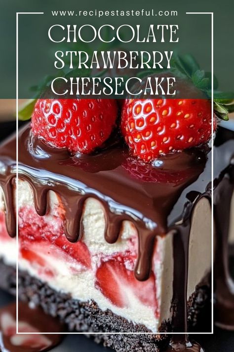 Indulge in this rich and decadent Chocolate Strawberry Cheesecake with layers of creamy chocolate and fruity strawberry. Topped with fresh strawberries, it creates the perfect balance of flavors for an impressive and irresistible dessert. Chocolate Strawberry Cheesecake Bites, Strawberry Chocolate Cheesecake, Best Strawberry Cheesecake Recipe, White Chocolate Strawberry Cheesecake, Original Cheesecake Recipe, Chocolate Strawberry Cheesecake, Strawberry Cheesecake Bites, Strawberry Cheesecake Recipe, Christmas Sweet Treats