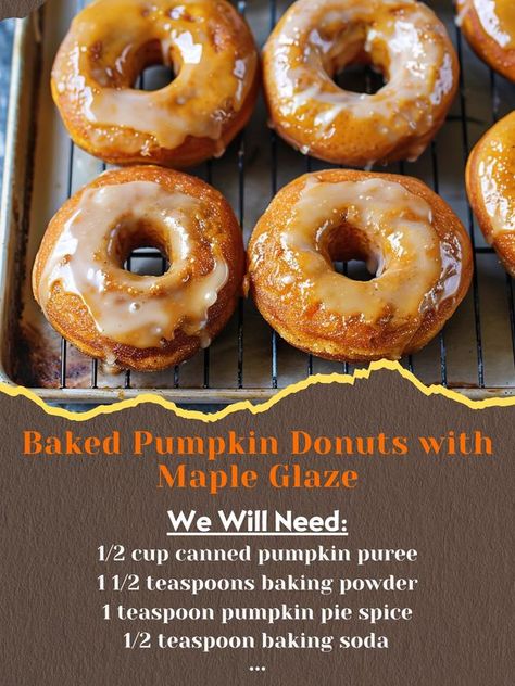 Bake Pumpkin Donuts Recipe, Pumpkin Baked Donuts With Donut Pan, Pumpkin Donuts With Maple Glaze, Pumpkin Donuts Baked, Baked Pumpkin Spice Donut Holes, Pumpkin Glazed Donuts With Crumb Topping, Baked Pumpkin Donuts With Maple Glaze, Fall Donuts, Sunday School Snacks