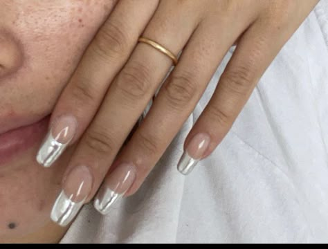 Metallic French Tip Nails Coffin, Metallic French Nail, Silver Chrome French Tip Nails Coffin, Silver French Tip Nails Short, Metalic French Nail, Chrome French Tip Nails Coffin, Metallic Tip Nails, Metallic French Nails, Nails Silver Tips