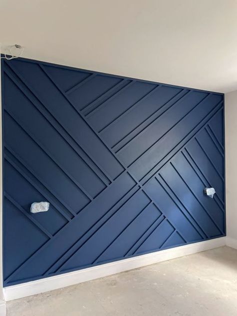 Navy Wood Paneling, Navy Blue Wall Paneling Bedroom, Geometric Panelling Bedroom, Blue Wood Panel Wall, Blue Wall Panelling Living Room, Navy Blue Paneling, Navy Blue Wall Paneling, Blue Wall Panelling Bedroom, Wall Paneling In Living Room