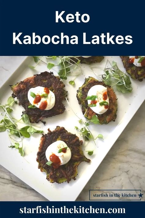 Keto Kabocha Latkes. Starfish in the Kitchen. Keto, low carb latkes for Hanukkah. Gluten Free Vegetarian Recipes, Hanukkah Food, Kabocha Squash, Challah Bread, Baked Donuts, Veggie Side Dishes, Veggie Sides, Healthy Happy, Gluten Free Vegetarian