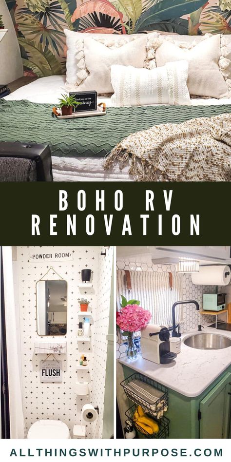 Cozy Trailer Decor, Rustic Boho Camper, Bohemian Camper Remodel, Interior Trailer Remodel, Boho Camper Ideas, Modern Boho Rv Interior, Small Trailer Living, 18ft Camper Remodel, Refurbished Camper Interior